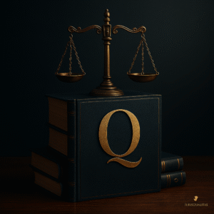Imagen conceptual elegante con balanza de la justicia y contrato sobre fondo oscuro, que representa la correcta estructuración de la cláusula penal pecuniaria en contratos estatales.